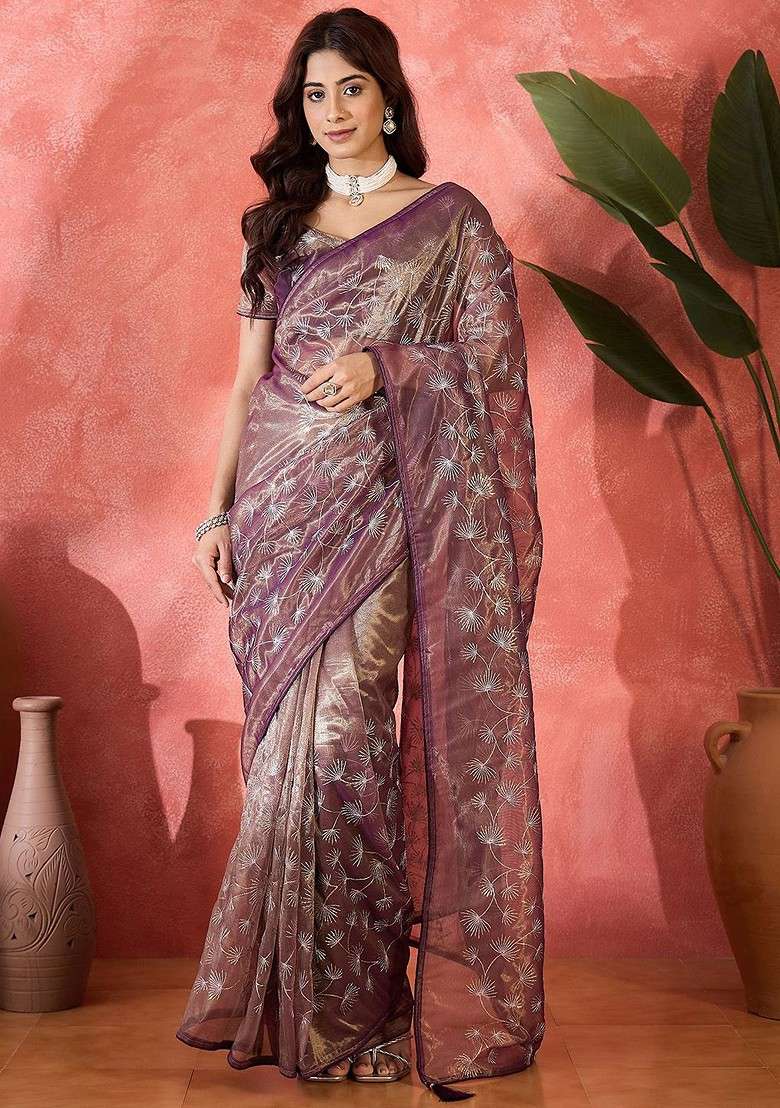 Purple Embellished Blended Saree Set for Diwali | Wedding & Festive Wear - Indya