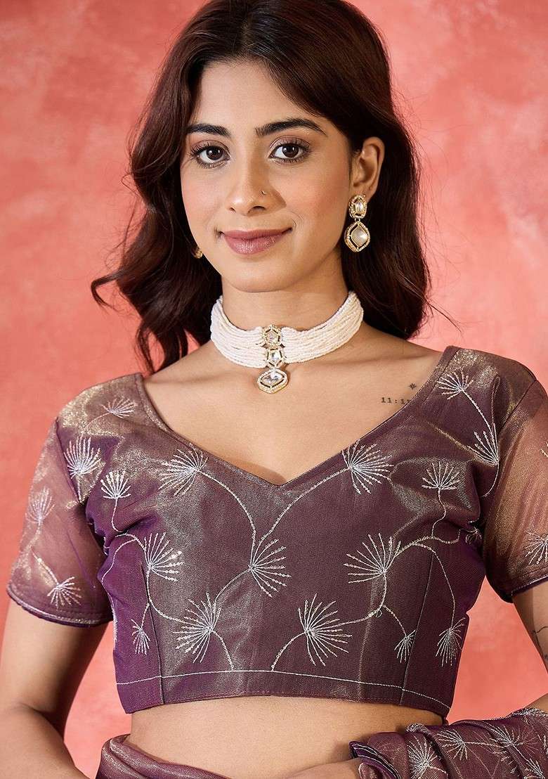Purple Embellished Blended Saree Set for Diwali | Wedding & Festive Wear - Indya