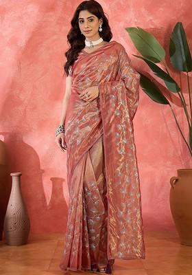 Rust Sequin Embellished Blended Saree Set