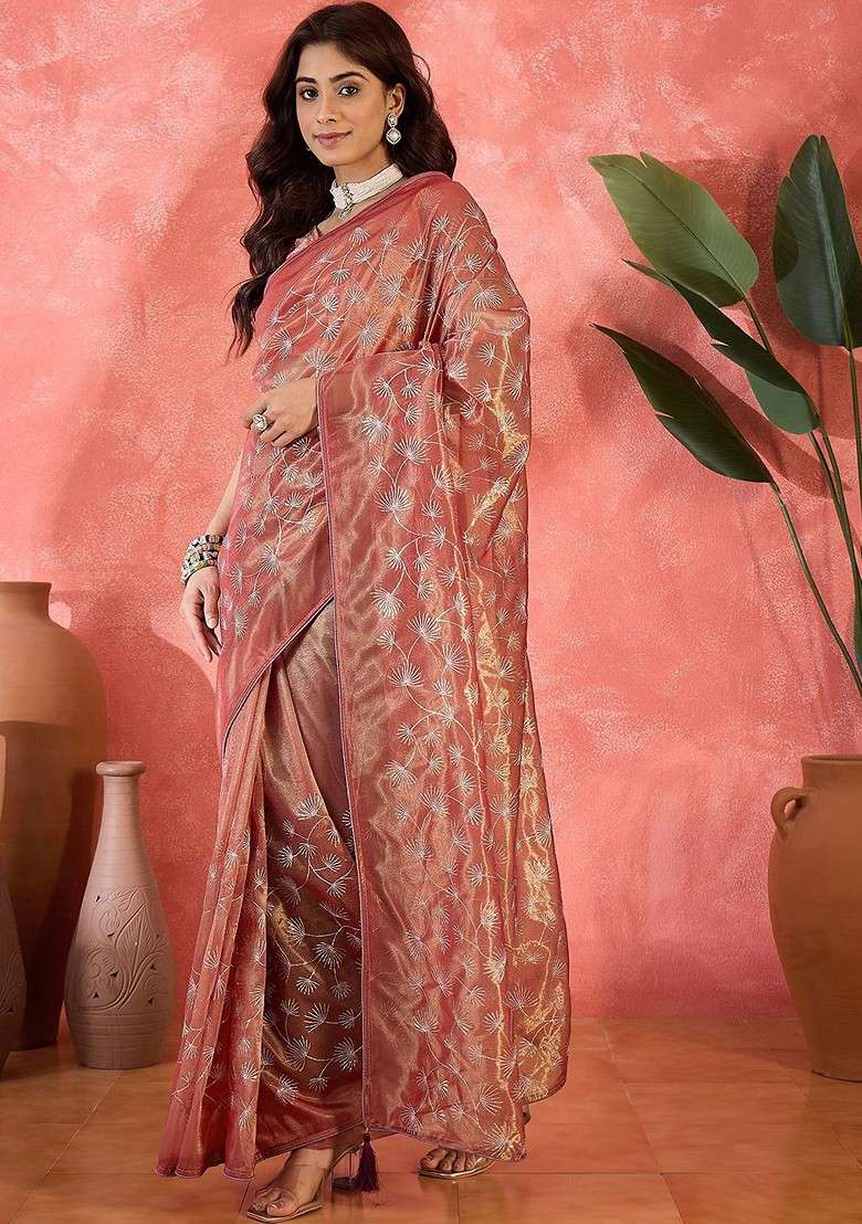 Rust Sequin Embellished Blended Saree Set for Diwali and Festive Wear - Indya