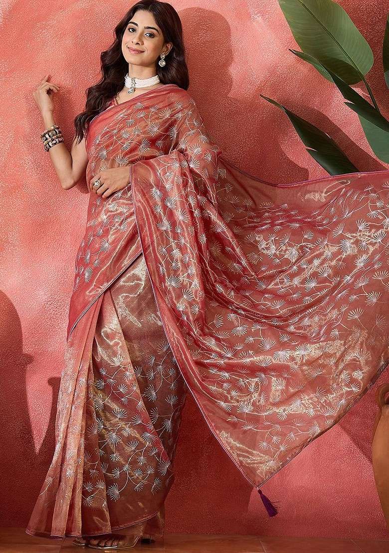 Rust Sequin Embellished Blended Saree Set for Diwali and Festive Wear - Indya