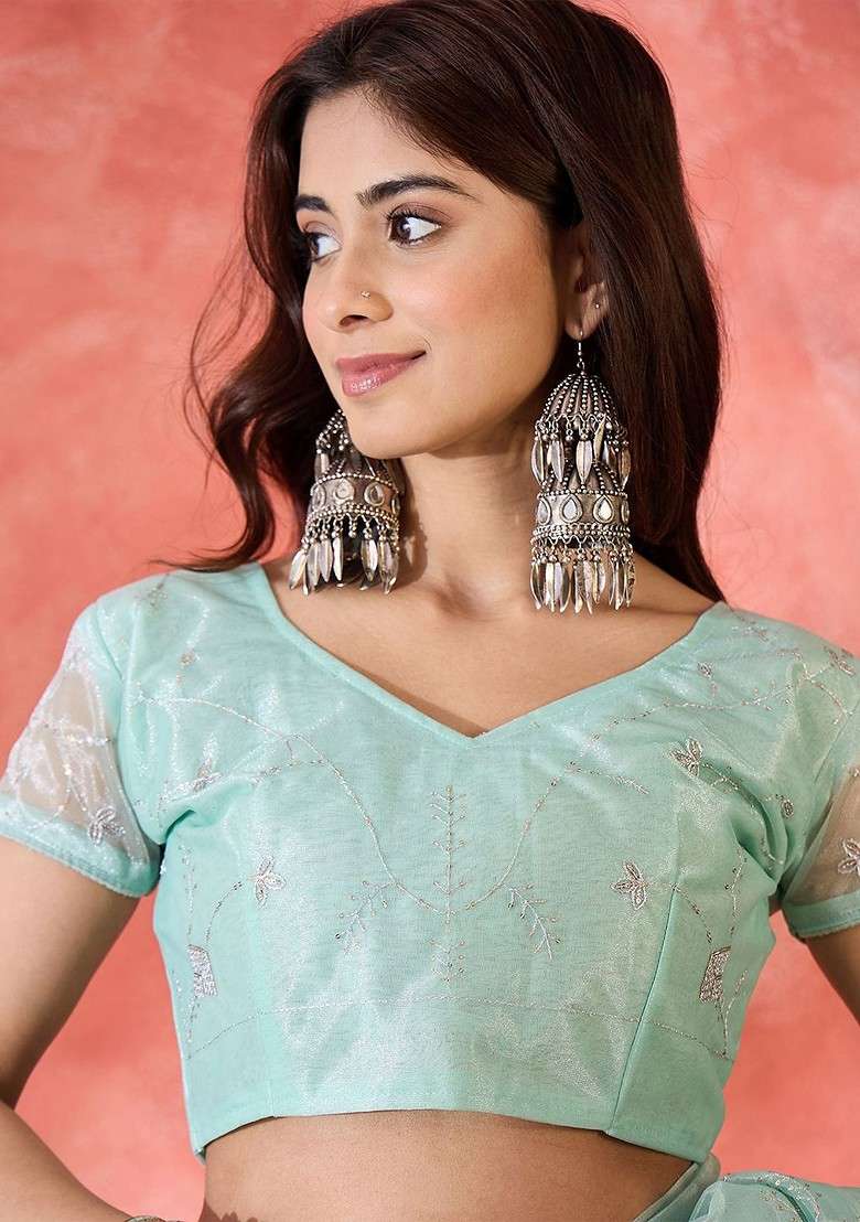 Sea Green Blended Saree Set with Embroidered for Diwali | Wedding & Festive Wear - Indya
