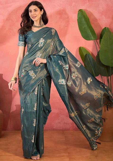 Blue Embroidered Blended Saree Set