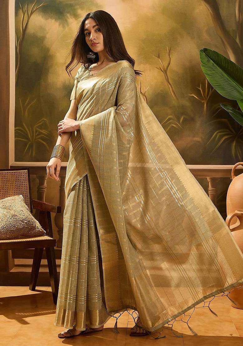 Green Embroidered Blended Saree Set - Indya