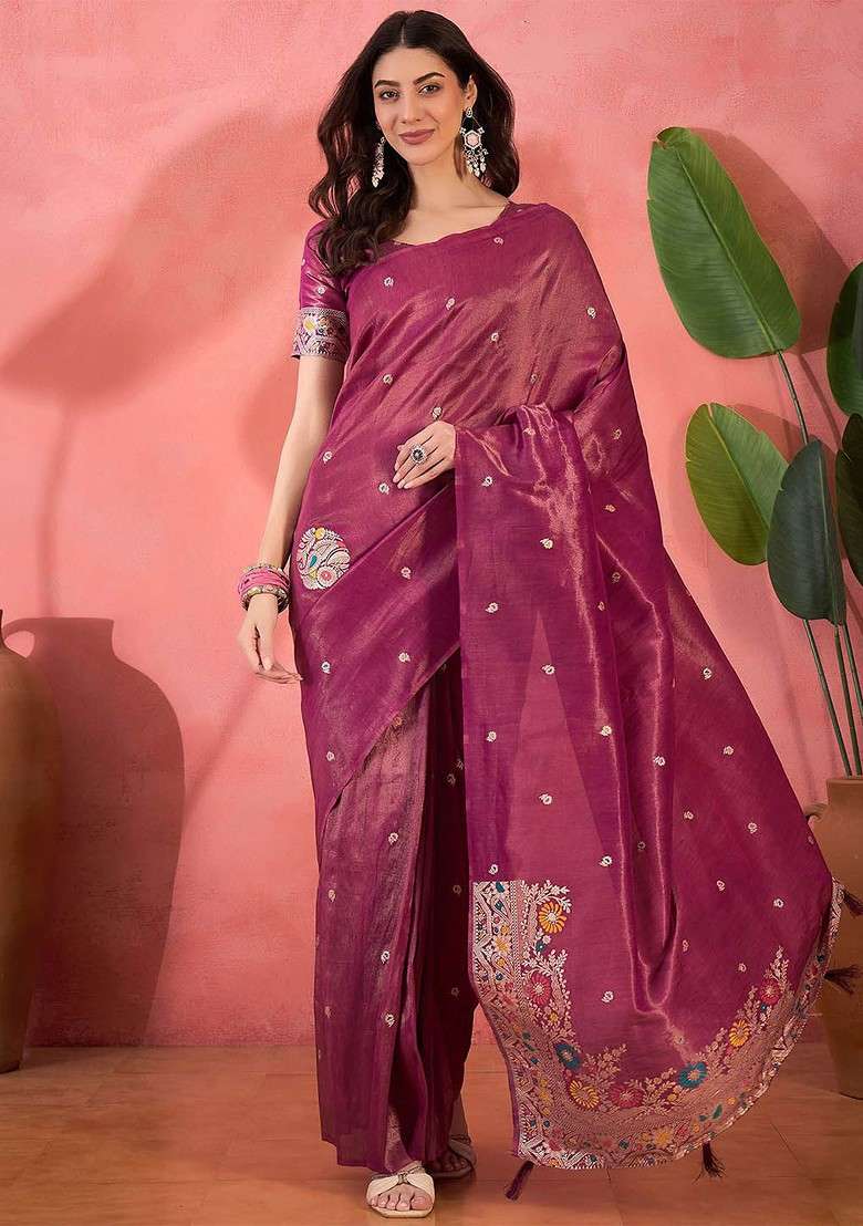Pink Embroidered Blended Saree Set - Indya