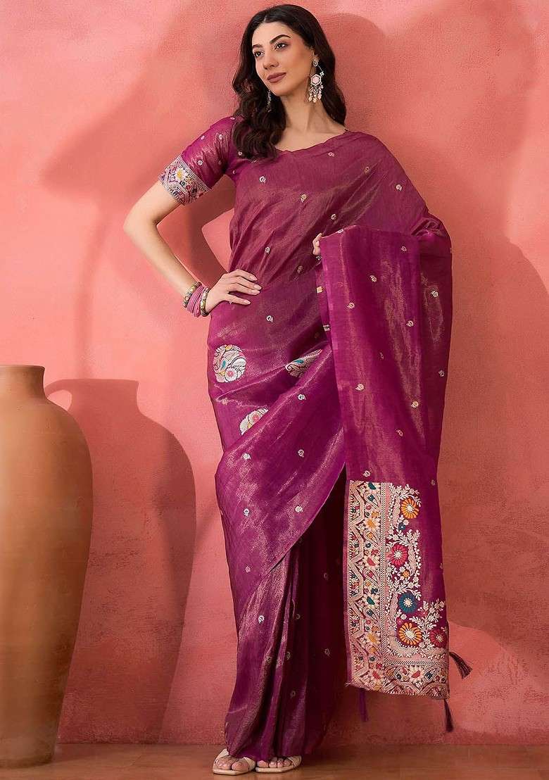 Pink Embroidered Blended Saree Set - Indya