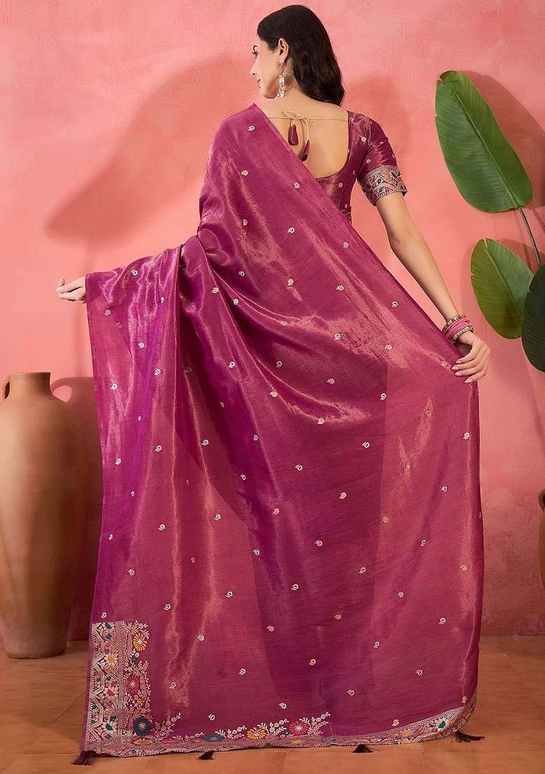 Pink Embroidered Blended Saree Set - Indya
