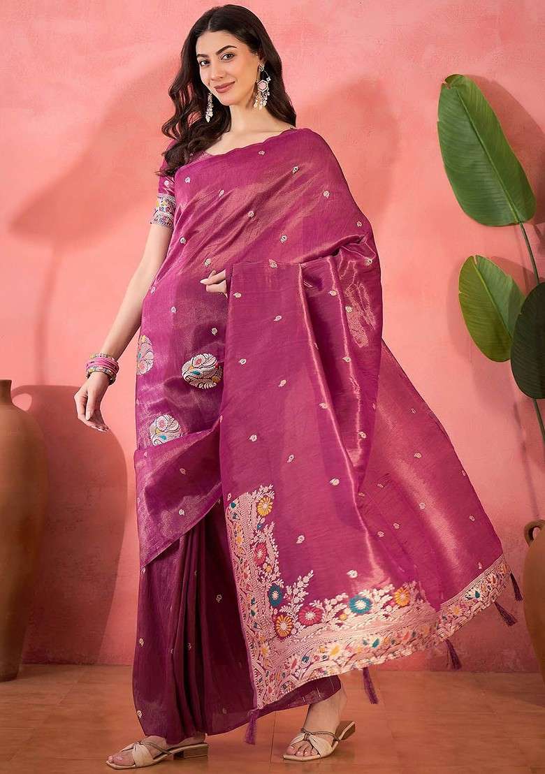 Pink Embroidered Blended Saree Set - Indya