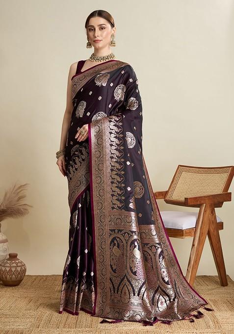 Burgundy Embroidered Blended Saree Set — view on Indya