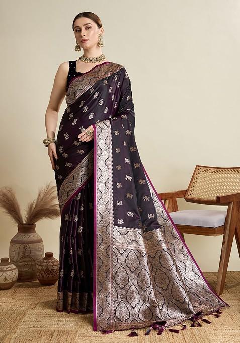 Burgundy Embroidered Blended Saree Set — view on Indya
