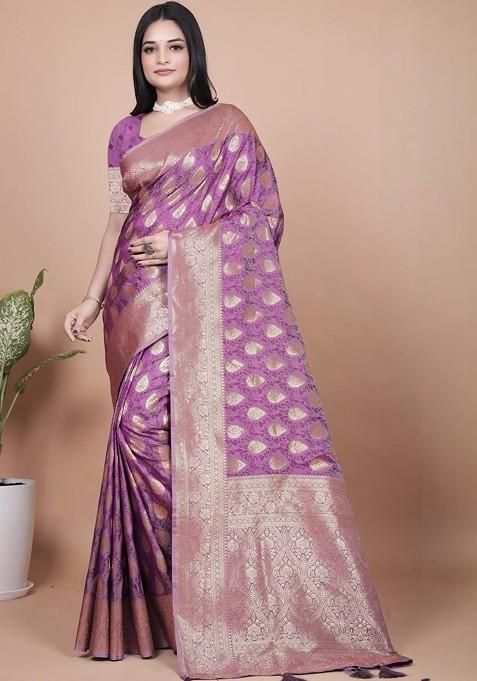Purple Jacquard Blended Saree Set