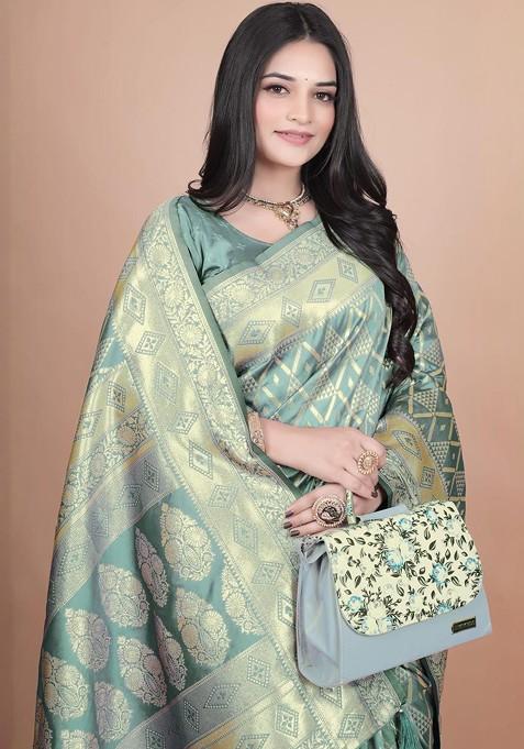 Blue Jacquard Blended Saree Set — view on Indya