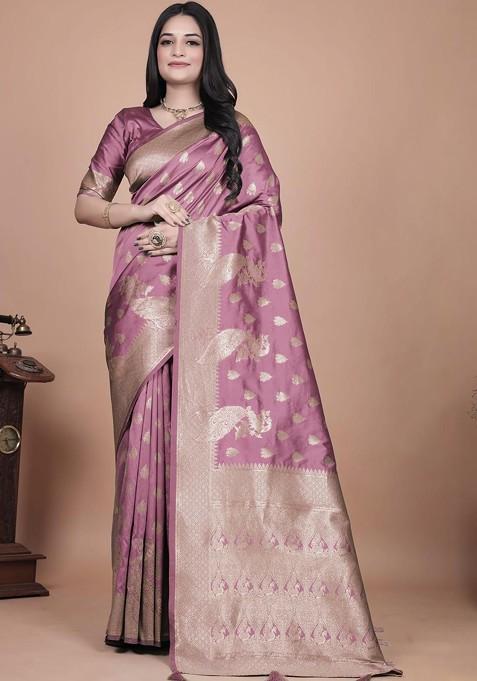 Pink Jacquard Blended Saree Set