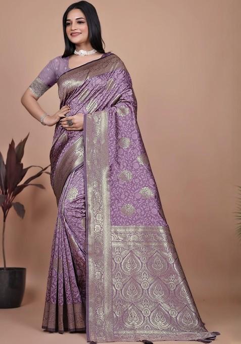 Purple Jacquard Blended Saree Set — view on Indya
