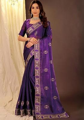 Purple Embroidered Blended Saree Set