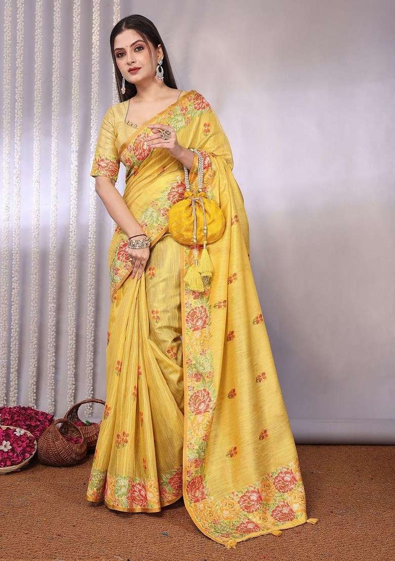 Yellow Jacquard Blended Saree Set for Diwali and Festive Wear - Indya