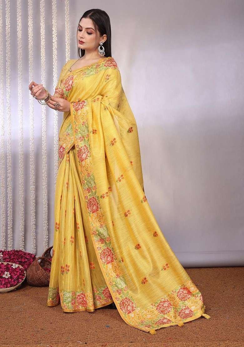 Yellow Jacquard Blended Saree Set for Diwali and Festive Wear - Indya