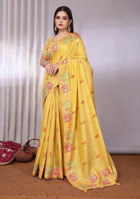 Yellow Jacquard Blended Saree Set — view on Indya