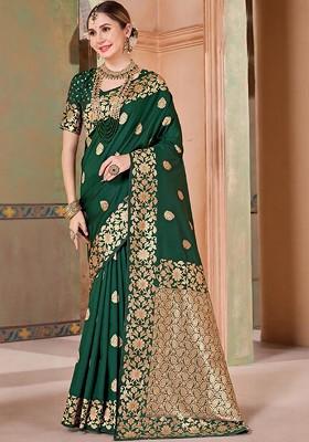 Green Embellished Blended Saree Set