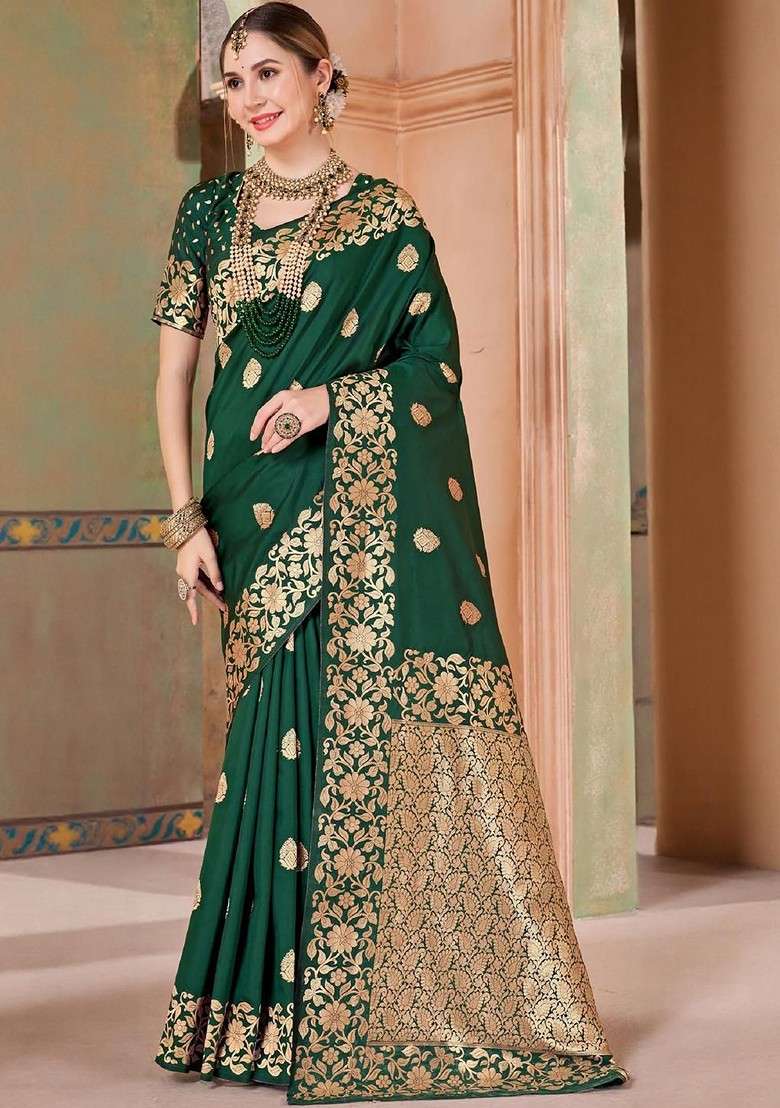 Green Embellished Blended Saree Set for Diwali | Wedding & Festive Wear - Indya