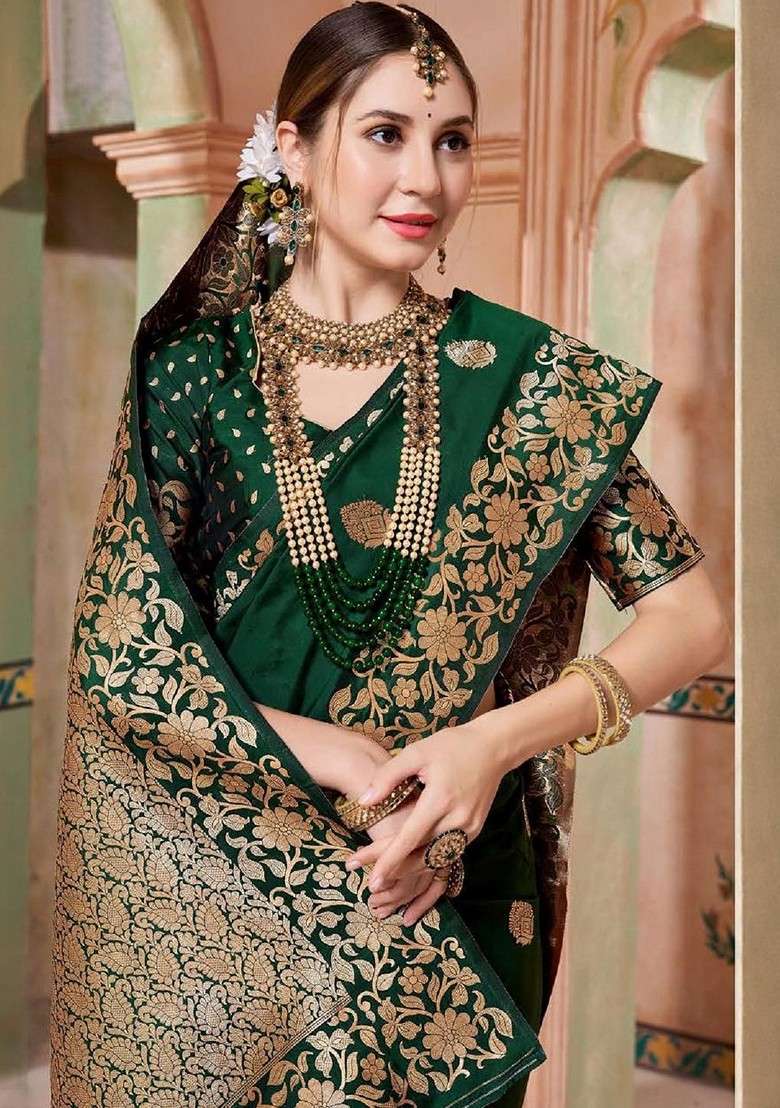 Green Embellished Blended Saree Set for Diwali | Wedding & Festive Wear - Indya