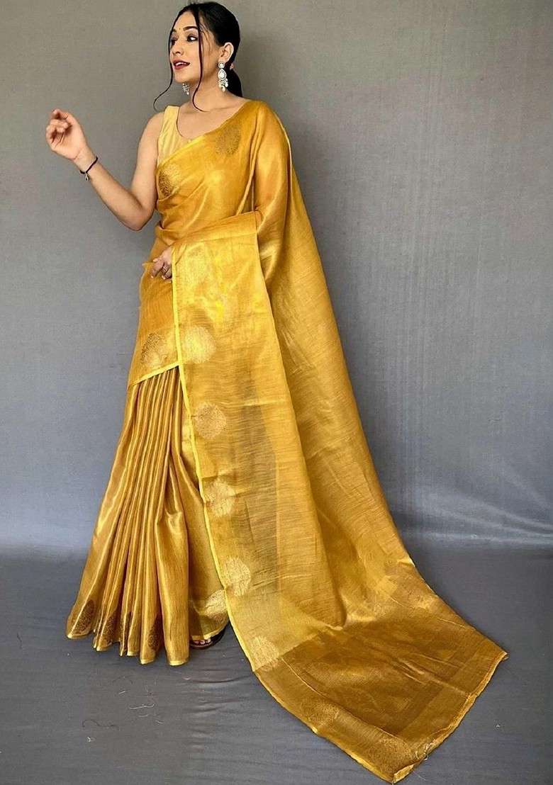Gold Embroidered Blended Saree Set for Diwali and Festive Wear - Indya