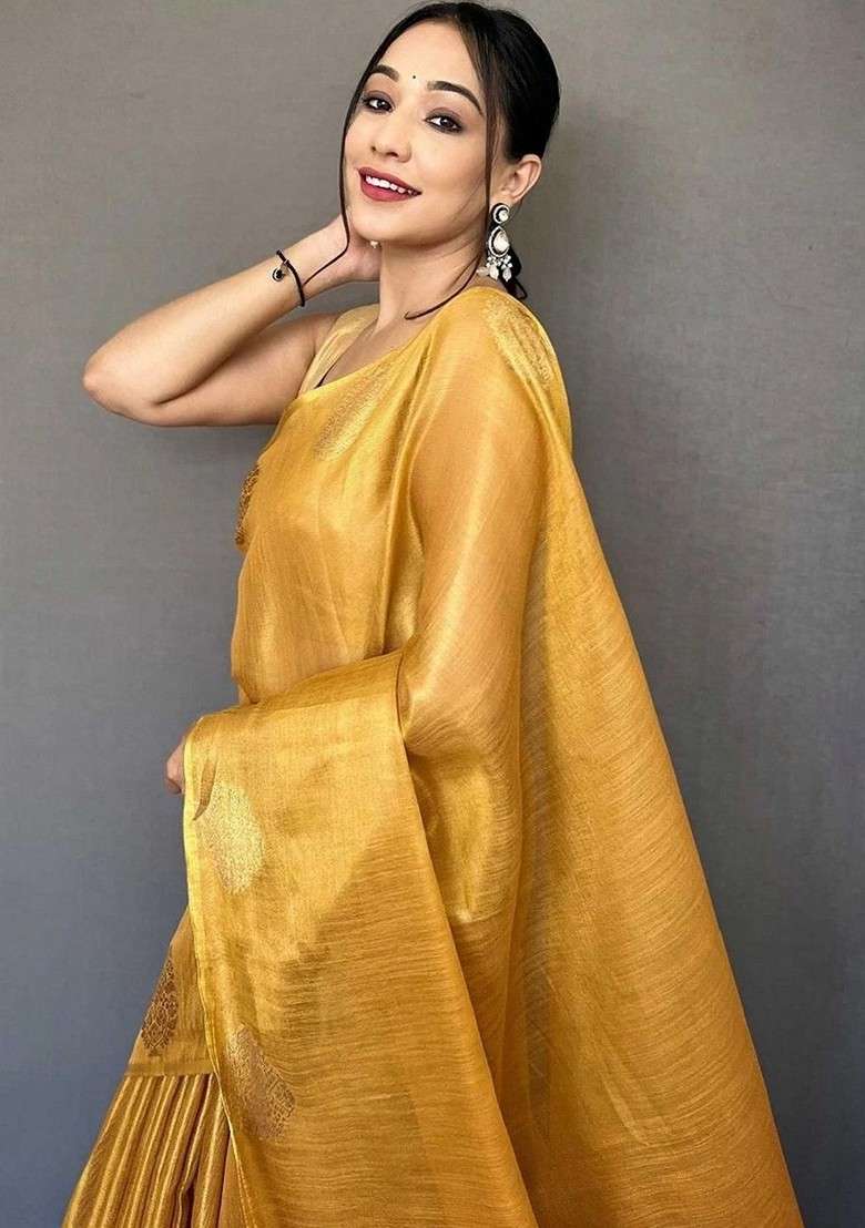 Gold Embroidered Blended Saree Set for Diwali and Festive Wear - Indya