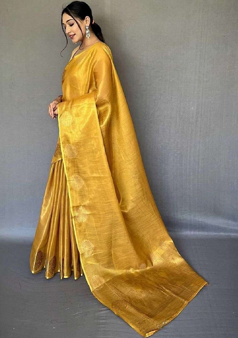 Gold Embroidered Blended Saree Set for Diwali and Festive Wear - Indya
