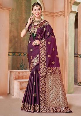 Purple Embroidered Blended Saree Set