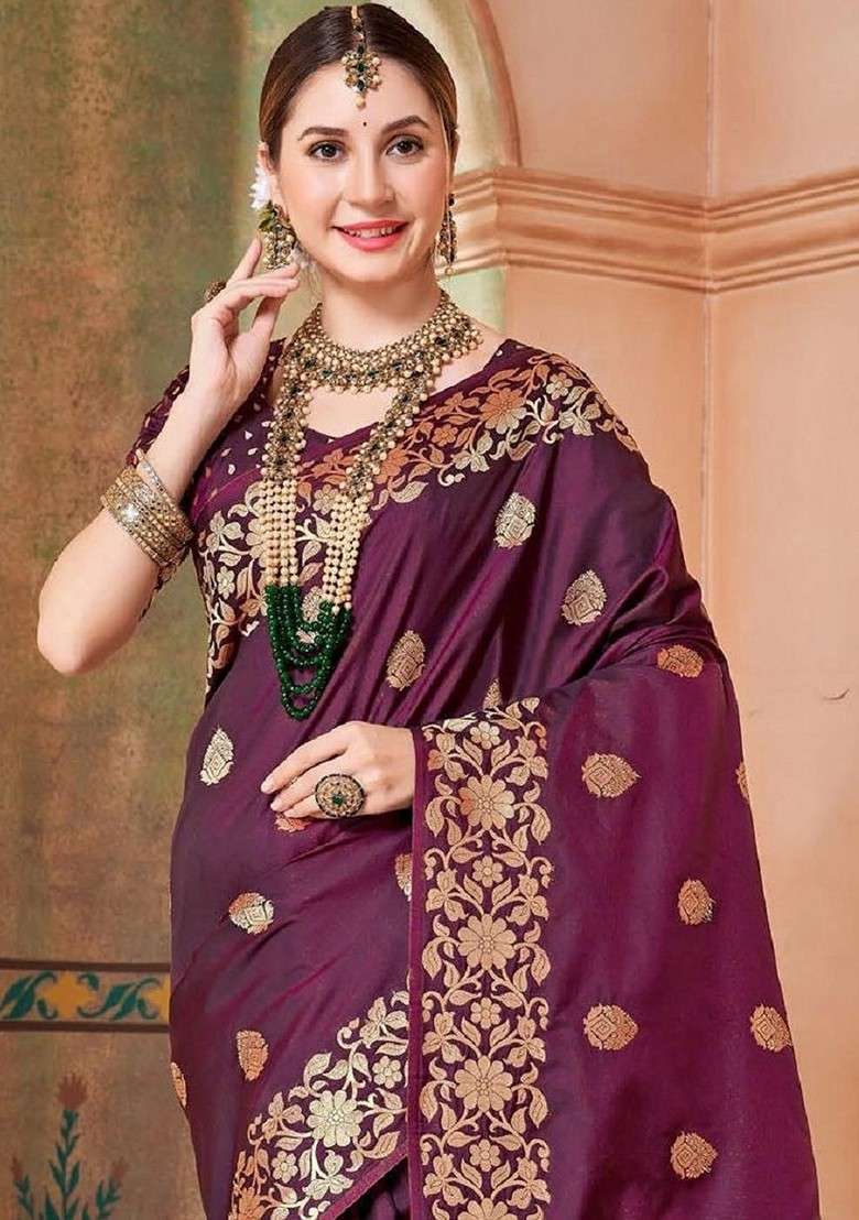 Purple Blended Saree Set with Embroidered for Diwali | Wedding & Festive Wear - Indya