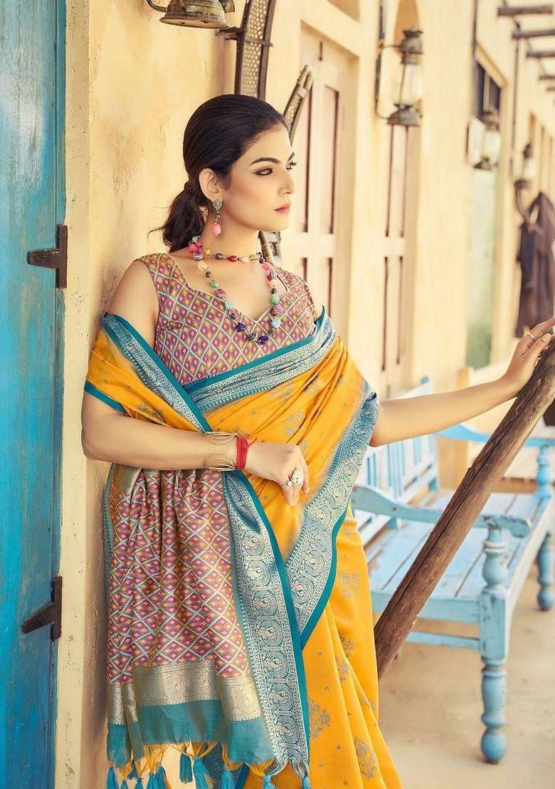 Yellow Jacquard Blended Saree Set for Diwali and Festive Wear - Indya