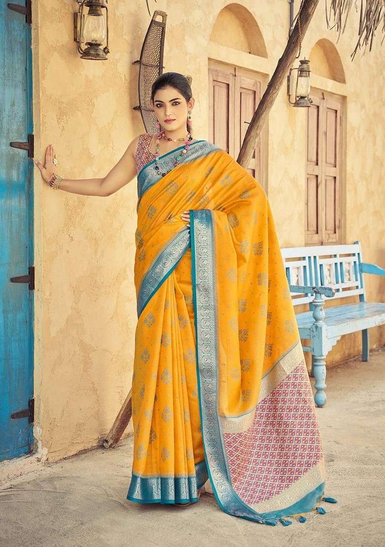 Yellow Jacquard Blended Saree Set for Diwali and Festive Wear - Indya