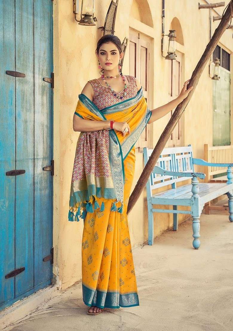 Yellow Jacquard Blended Saree Set for Diwali and Festive Wear - Indya