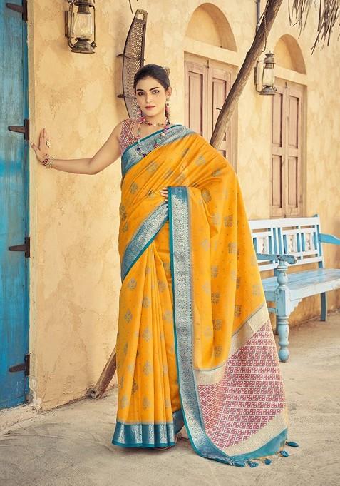 Yellow Jacquard Blended Saree Set — view on Indya