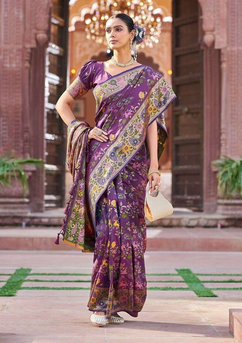 Purple Jacquard Blended Saree Set for Diwali and Festive Wear - Indya