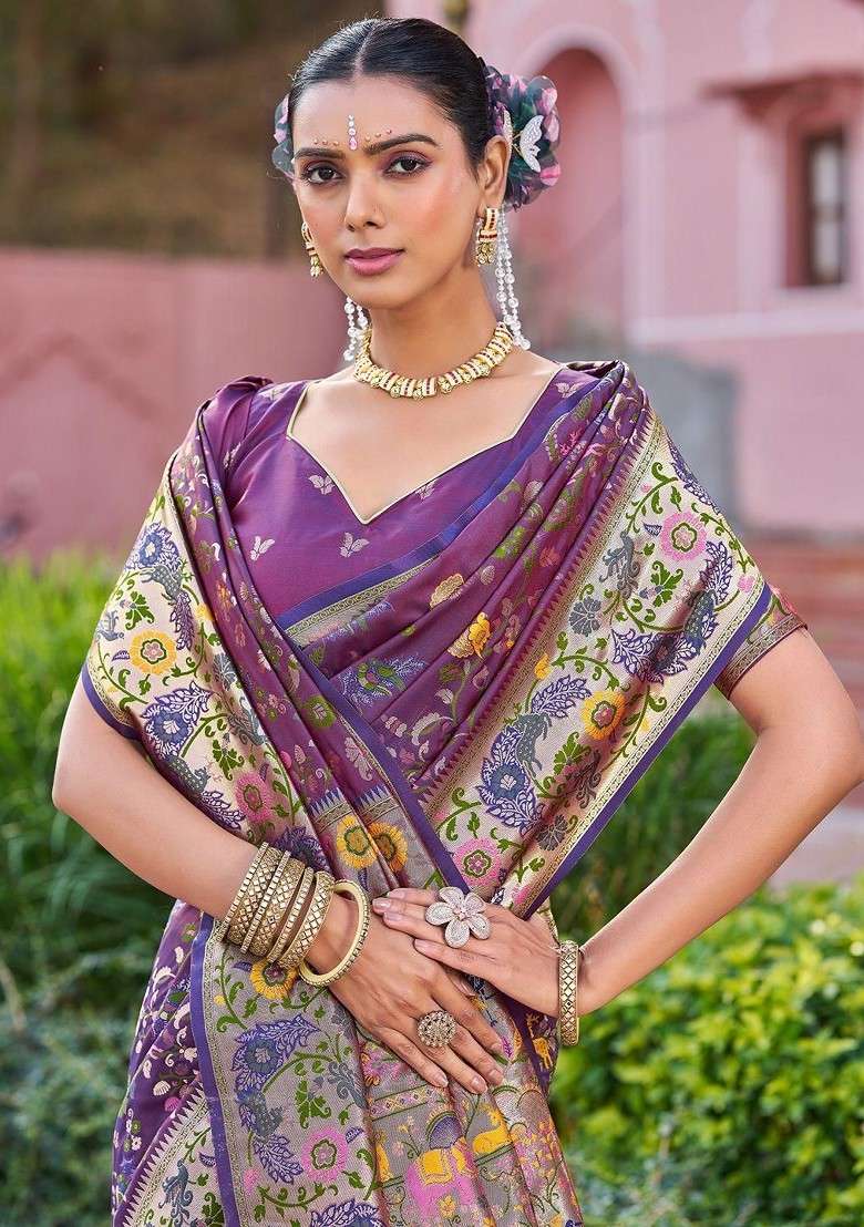 Purple Jacquard Blended Saree Set for Diwali and Festive Wear - Indya