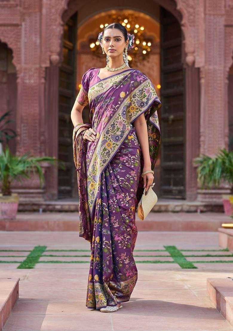 Purple Jacquard Blended Saree Set for Diwali and Festive Wear - Indya