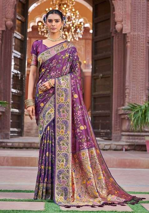 Purple Jacquard Blended Saree Set for Diwali and Festive Wear
