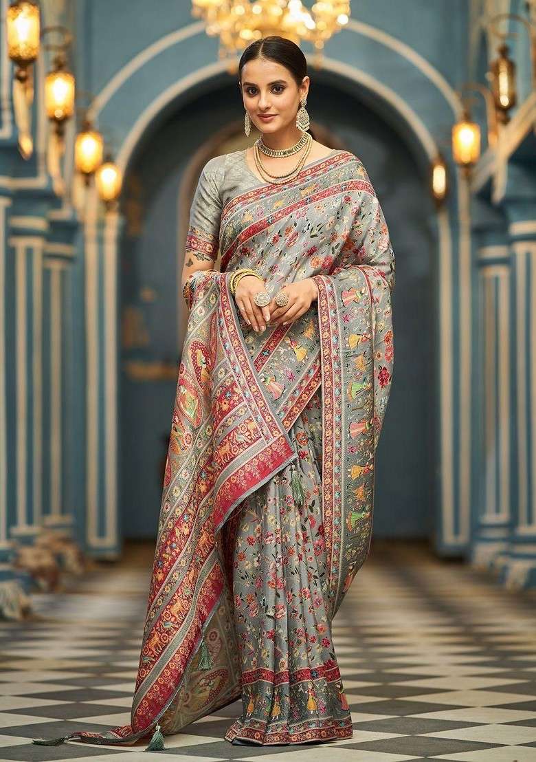 Grey Jacquard Blended Saree Set - Indya