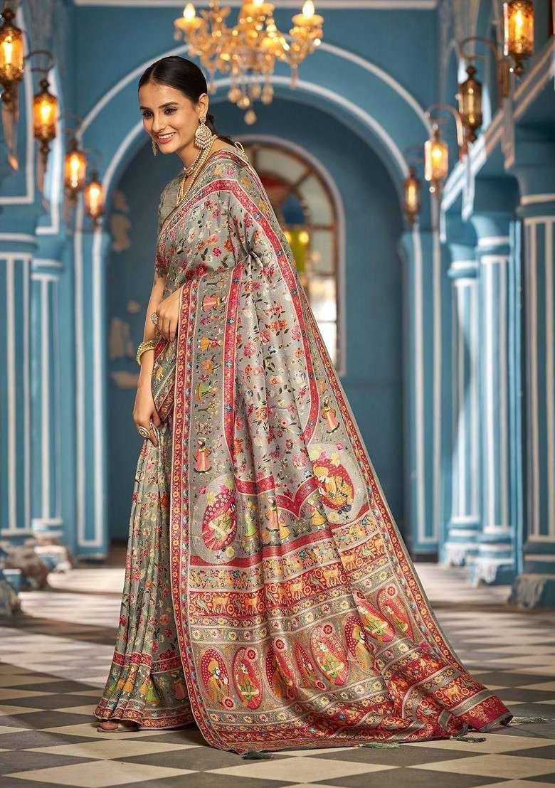 Grey Jacquard Blended Saree Set - Indya