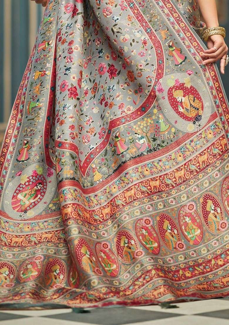 Grey Jacquard Blended Saree Set - Indya