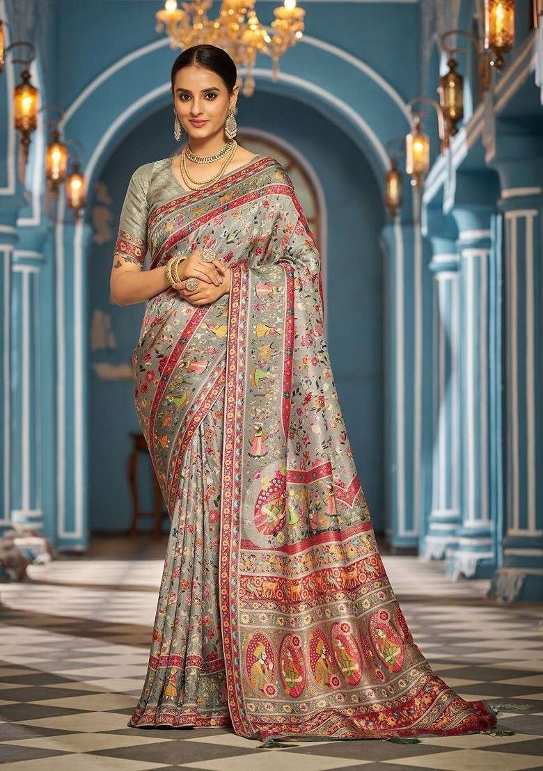 Grey Jacquard Blended Saree Set - Indya