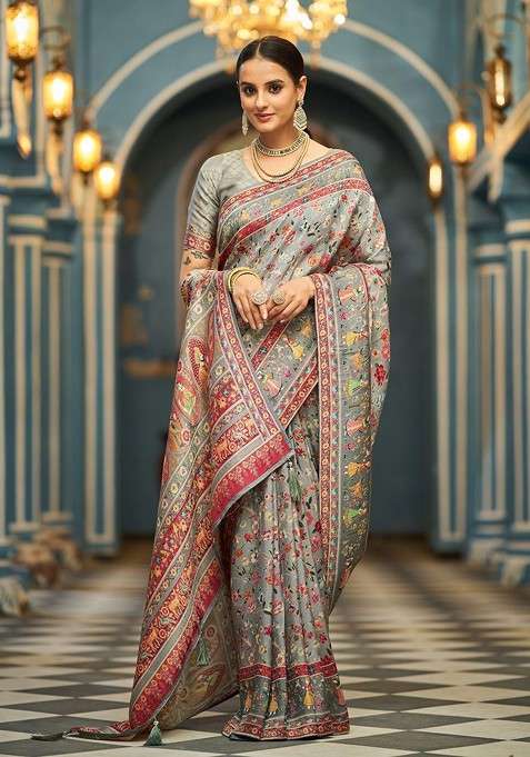 Grey Jacquard Blended Saree Set