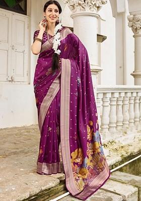 Magenta Embroidered Blended Saree Set