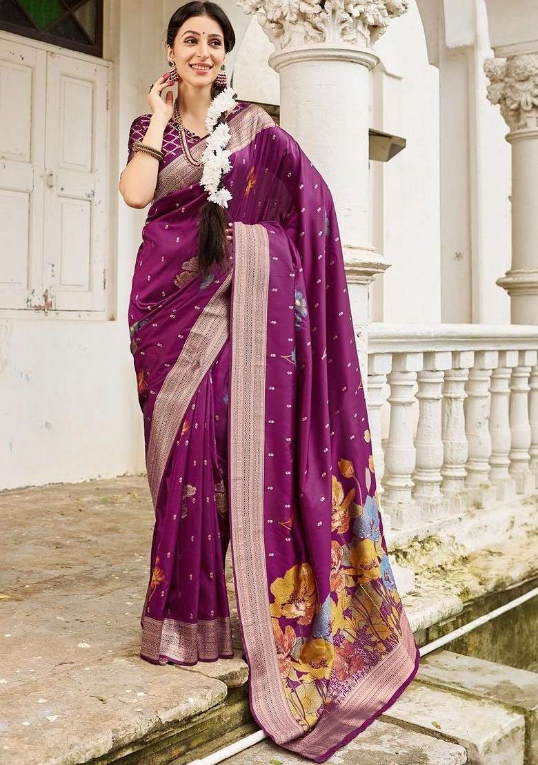 Magenta Embroidered Blended Saree Set - Indya