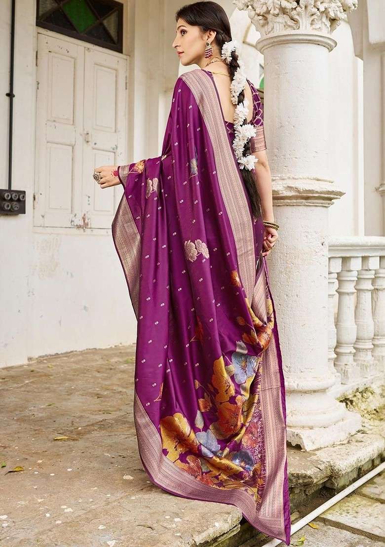 Magenta Embroidered Blended Saree Set - Indya