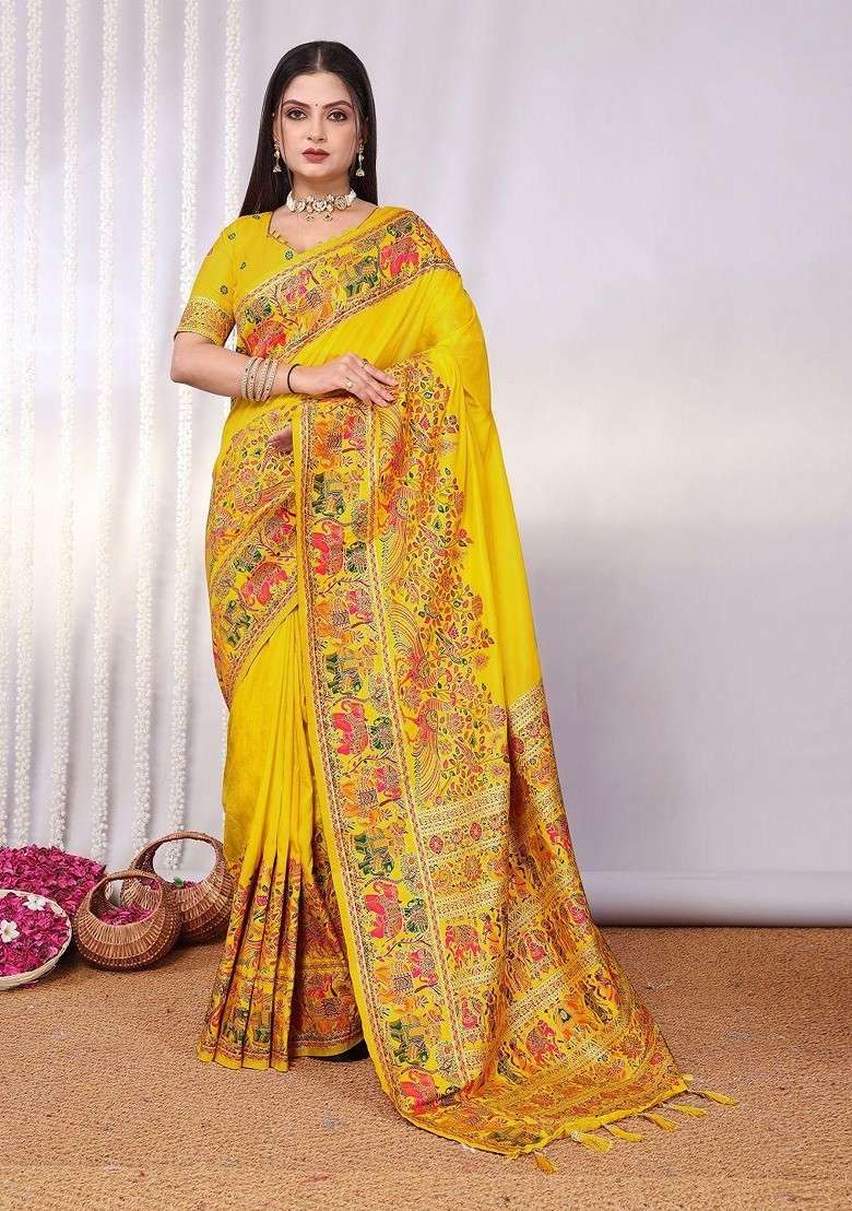 Yellow Embellished Blended Saree Set for Diwali | Wedding & Festive Wear - Indya