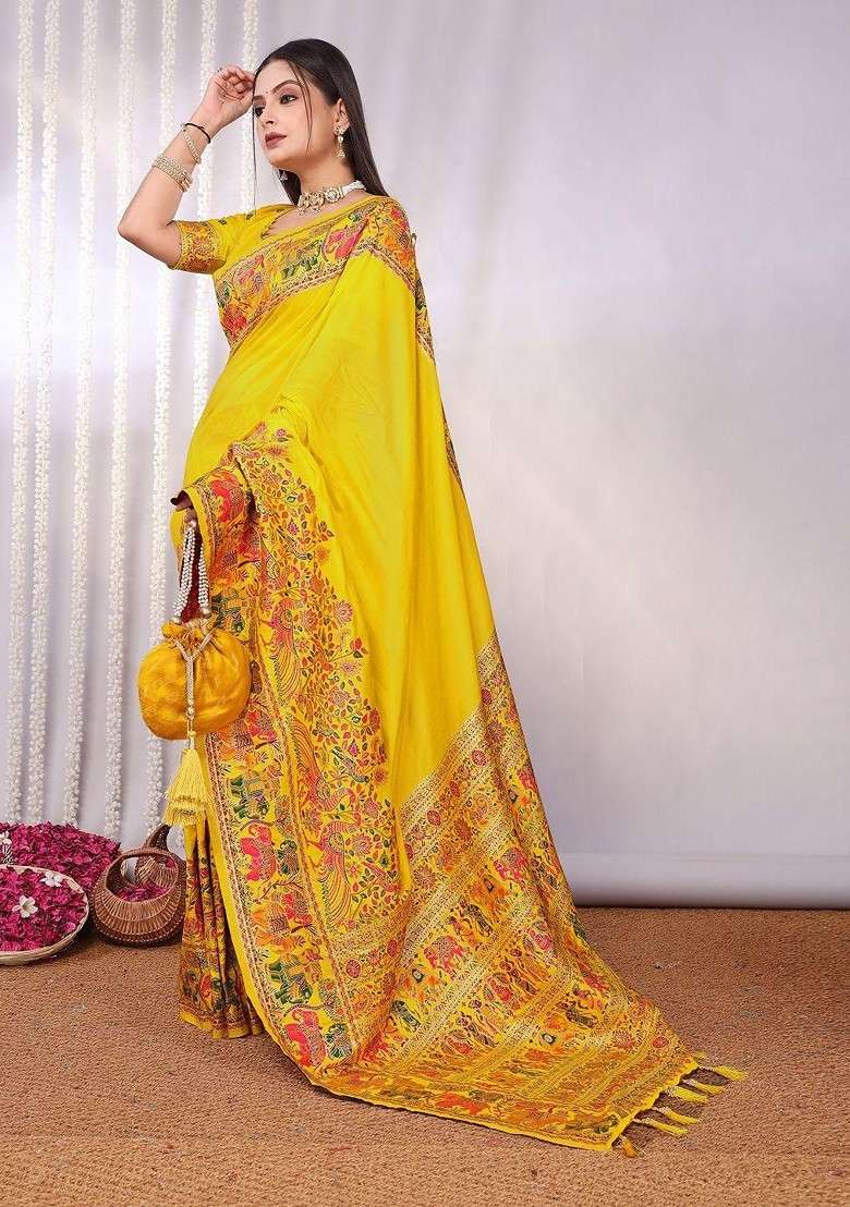 Yellow Embellished Blended Saree Set for Diwali | Wedding & Festive Wear - Indya