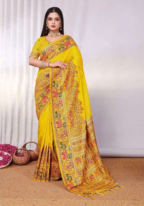Yellow Embellished Blended Saree Set for Diwali | Wedding & Festive Wear