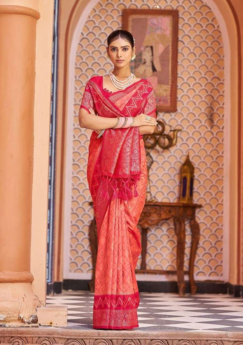 Peach Embellished Blended Saree Set for Diwali | Wedding & Festive Wear - Indya